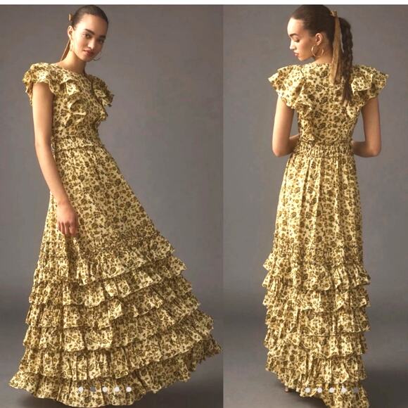 Mac Duggal NWT Beige Tiered Ruffle High Neck Gown Floral Chiffon Size 4 Yellow